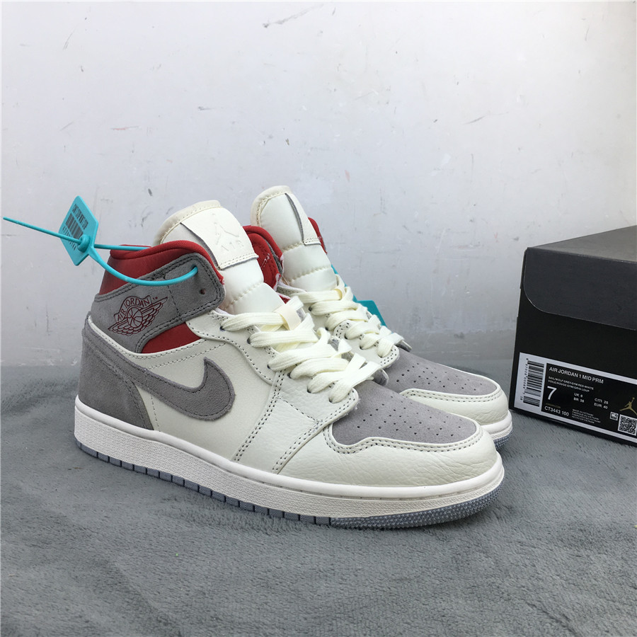 2020 Women SNS x Air Jordan 1 Mid White Grey Red Shoes - Click Image to Close